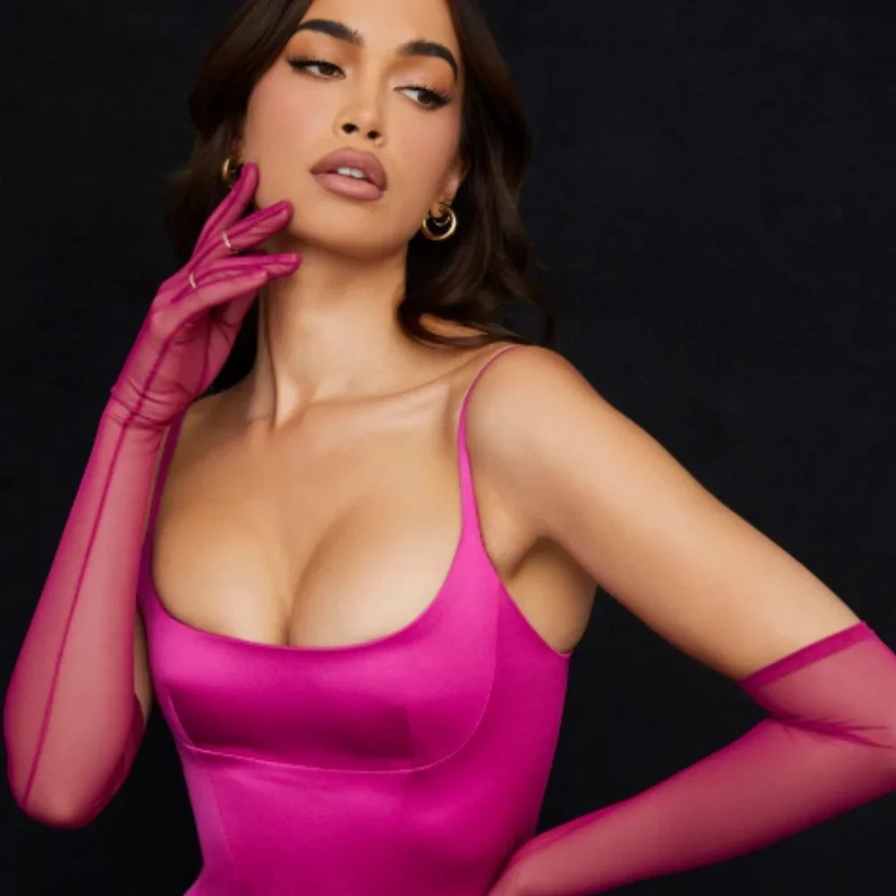 House of CB Esther pink mesh opera-length gloves